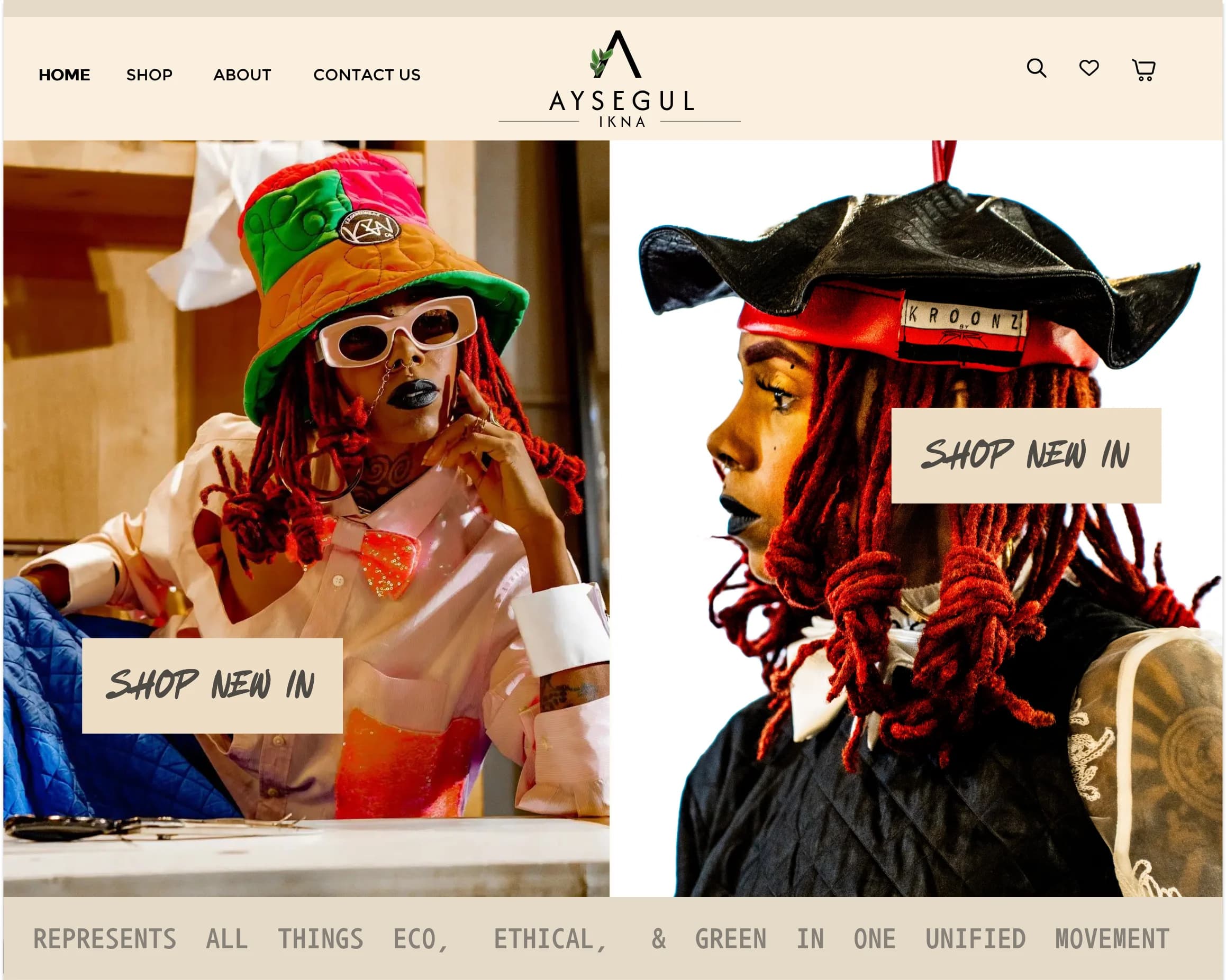The Ayşegül Ikna homepage: wordmark nav over a split editorial hero with two SHOP NEW IN blocks, above the eco, ethical and green band