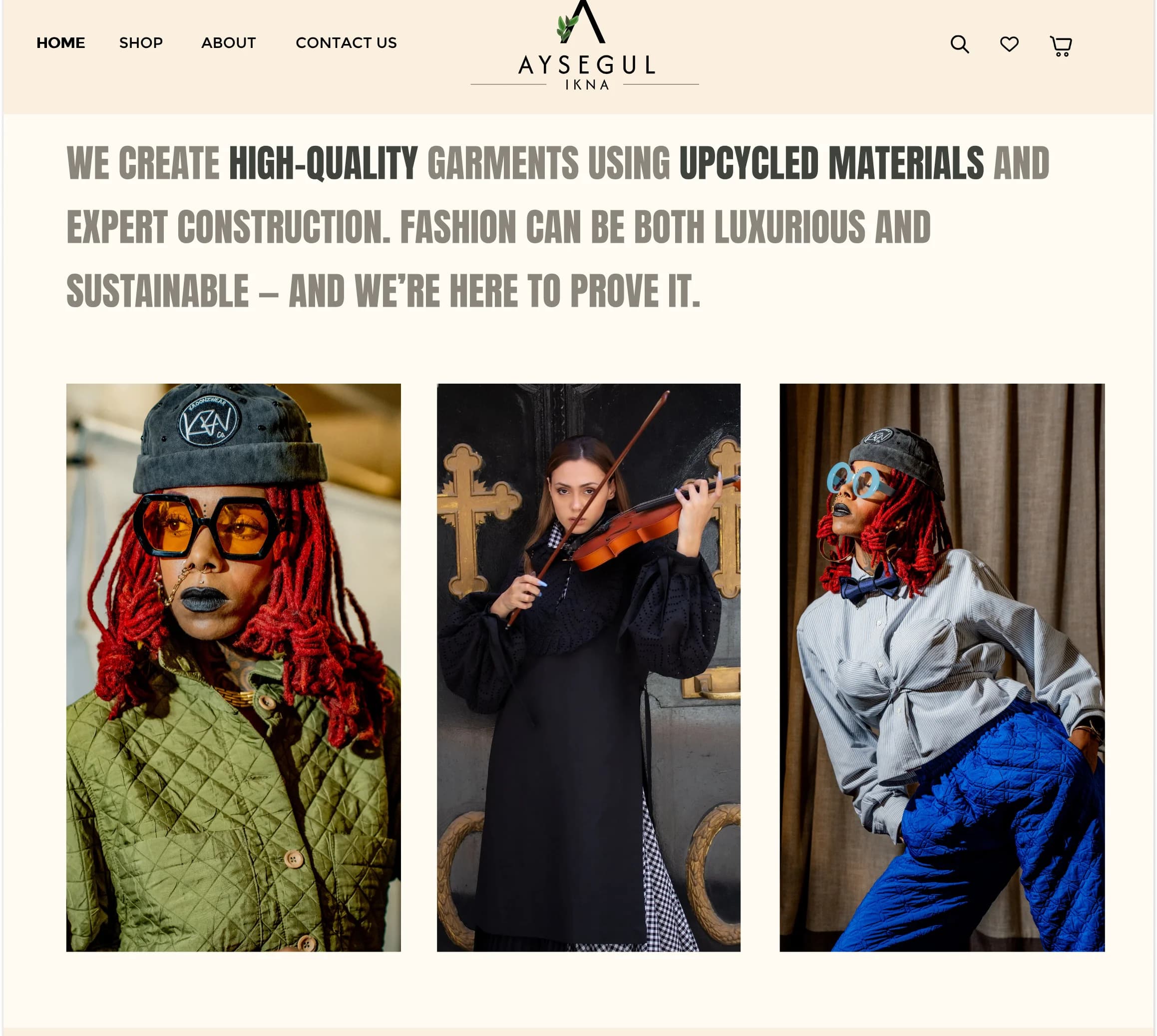 Ayşegül Ikna design frame: the upcycled materials statement above a three-up product grid